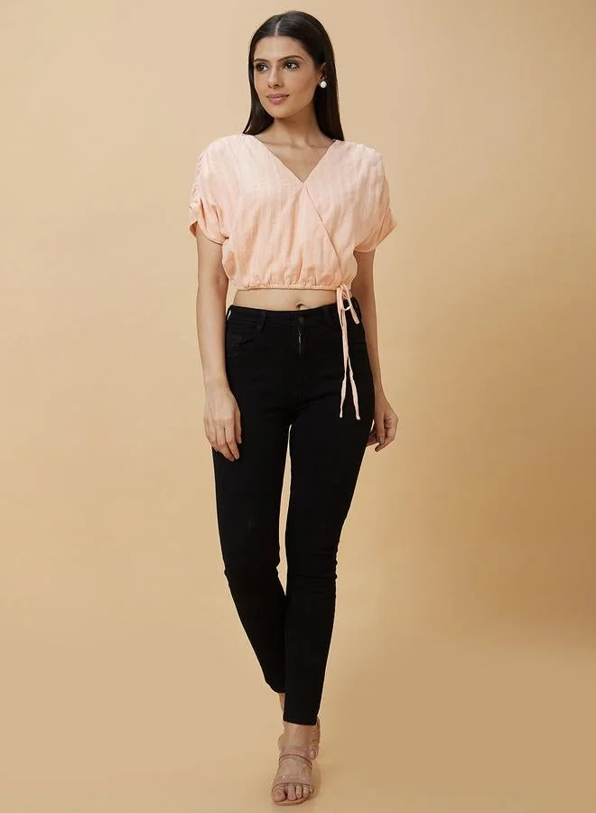 globus Globus Stiped Ruched Sleeve Waist Tie-Up Crop Top