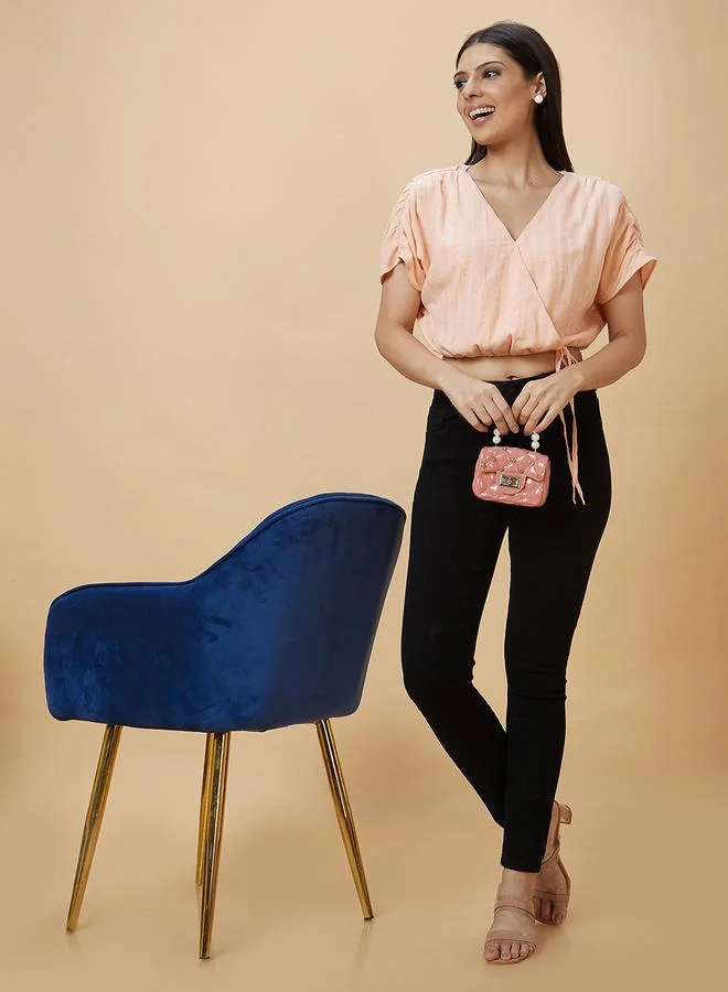 globus Globus Stiped Ruched Sleeve Waist Tie-Up Crop Top