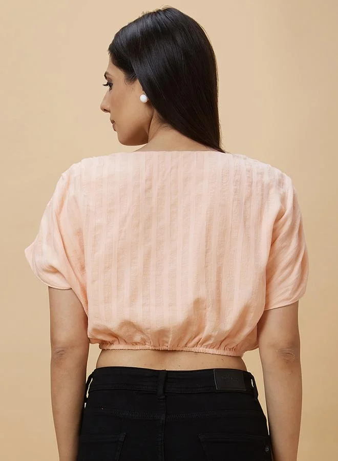 globus Globus Stiped Ruched Sleeve Waist Tie-Up Crop Top