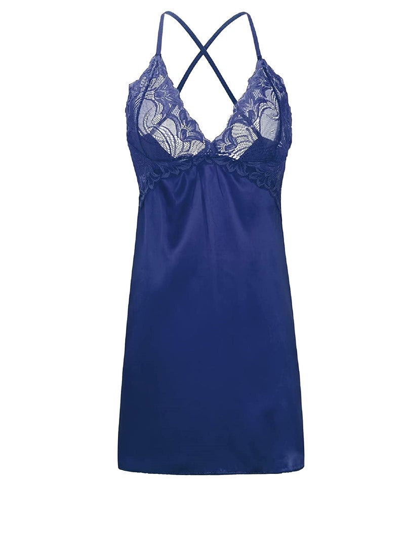 Women Floral Lace Satin Crisscross Sleepwear Night Dress  - Image 1