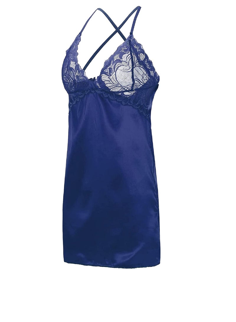 Women Floral Lace Satin Crisscross Sleepwear Night Dress  - Image 2