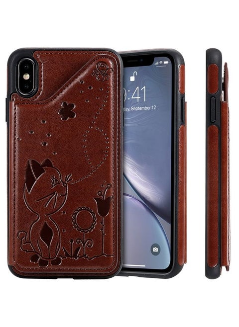Case Cover For iPhone XS Max Cat Bee Embossing Pattern Shockproof Protective Case with Card Slots & Photo Frame Brown