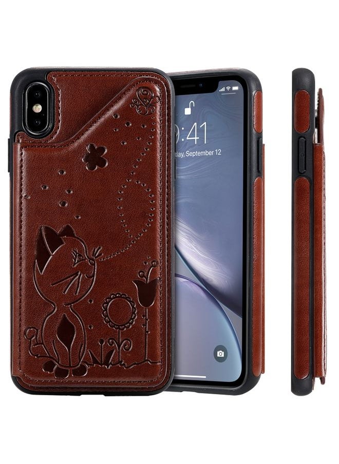 Generic - Case Cover For iPhone XS Max Cat Bee Embossing Pattern Shockproof Protective Case with Card Slots & Photo Frame Brown - Image 1