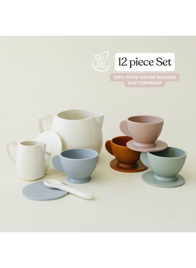 Marlowe & Co Silicone Tea Play Set for Children, Montessori 12 Piece Silicone Dishwasher Safe Tea Set, Fine Motor and Language Skills Kitchen Toy, Gift for 3 4 5 6 Year Old (Cream Multi Mix) - Image 2