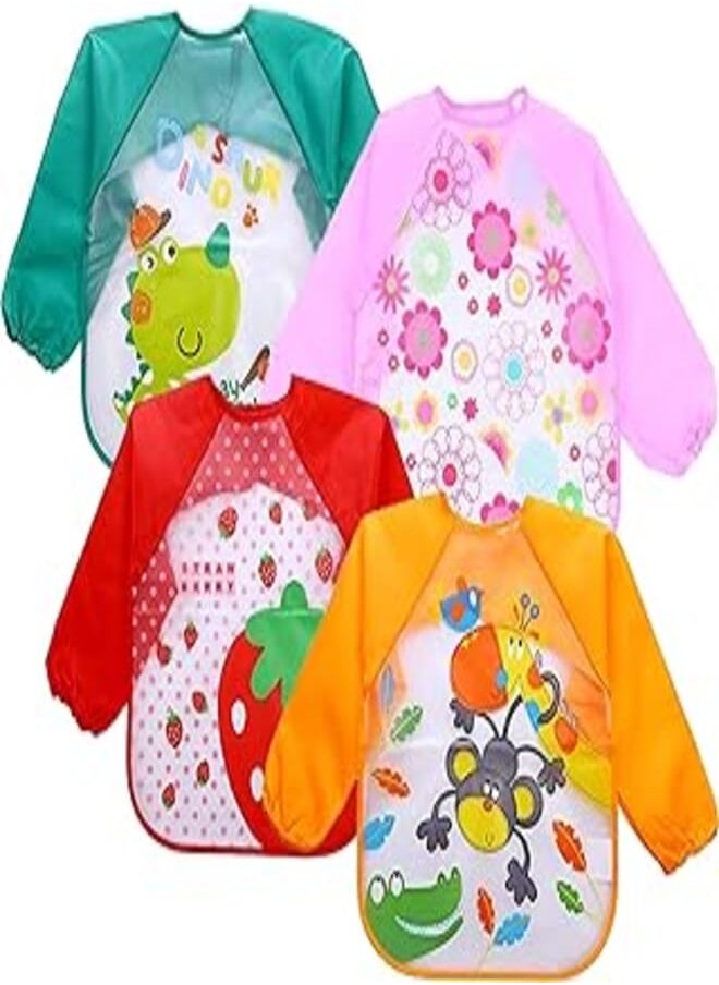 DOMENICO - DOMENICO Waterproof Colorful Children Bib Cute Cartoon Animals Baby Bibs Full Sleeve Children Apron Long Sleeve Feeding Bibs, Pack of 4 - Image 1