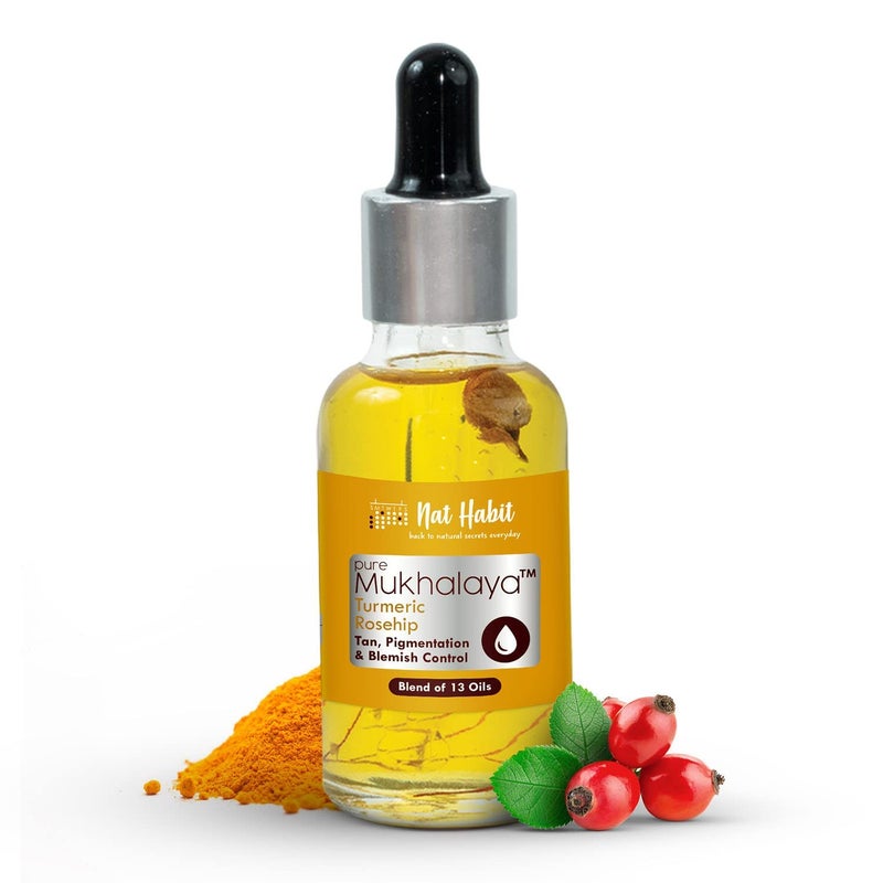 Nat Habit Turmeric Rosehip Mukhalaya Face Oil For Tan, Blend of 13 Cold Pressed Oils, For Natural Face Care, Free From Mineral Oil & Chemicals, 30ml - Image 1