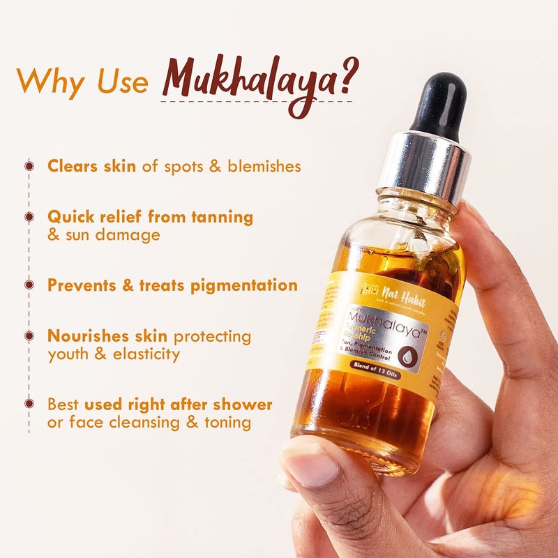 Nat Habit Turmeric Rosehip Mukhalaya Face Oil For Tan, Blend of 13 Cold Pressed Oils, For Natural Face Care, Free From Mineral Oil & Chemicals, 30ml - Image 3