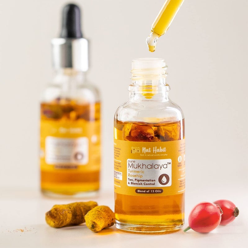 Nat Habit Turmeric Rosehip Mukhalaya Face Oil For Tan, Blend of 13 Cold Pressed Oils, For Natural Face Care, Free From Mineral Oil & Chemicals, 30ml - Image 2