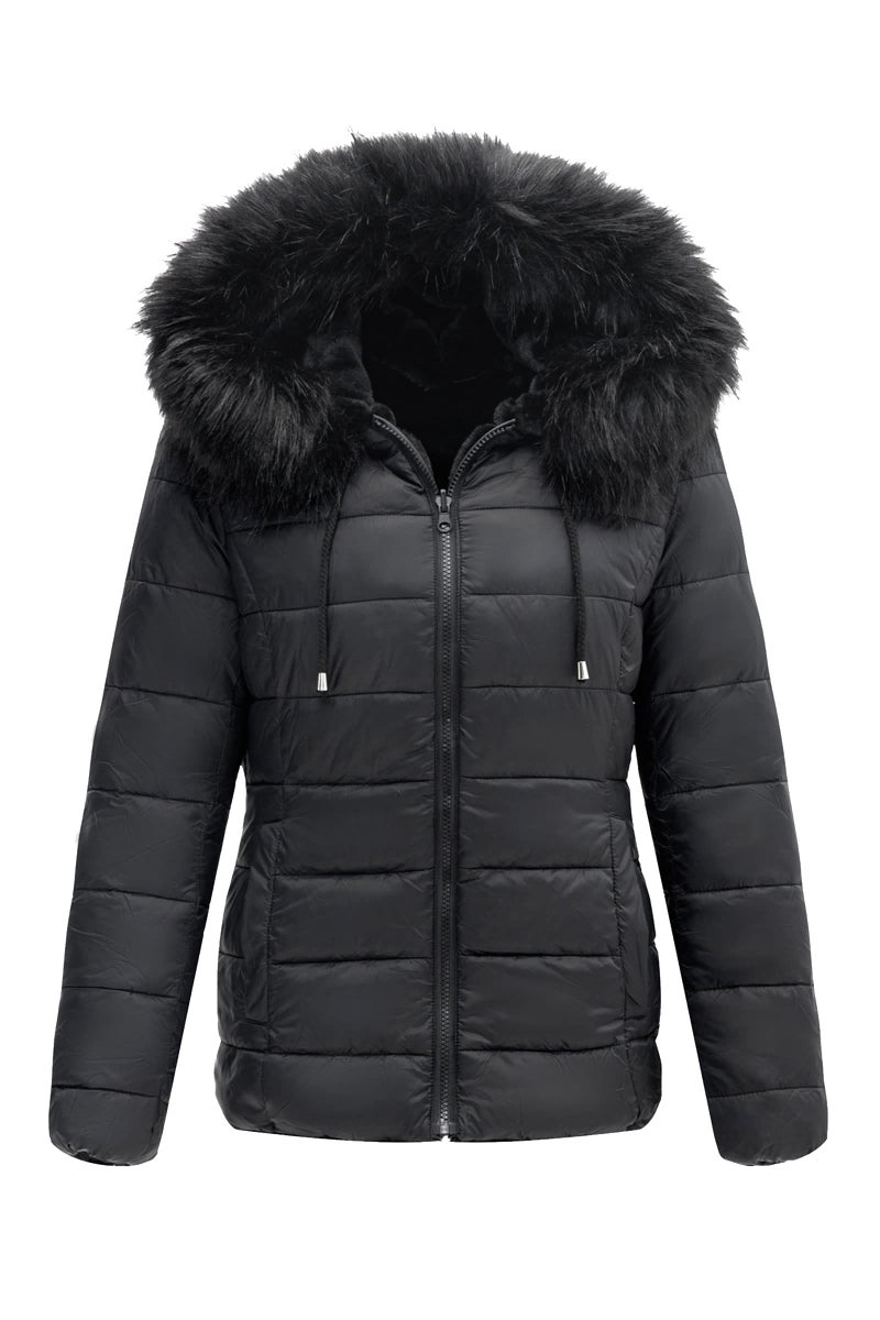 Bellivera Women Double Sided Faux Fur Jacket with Fur Collar, The Puffer Coat Worn on Both Sides 19225 Black XXL - Image 2