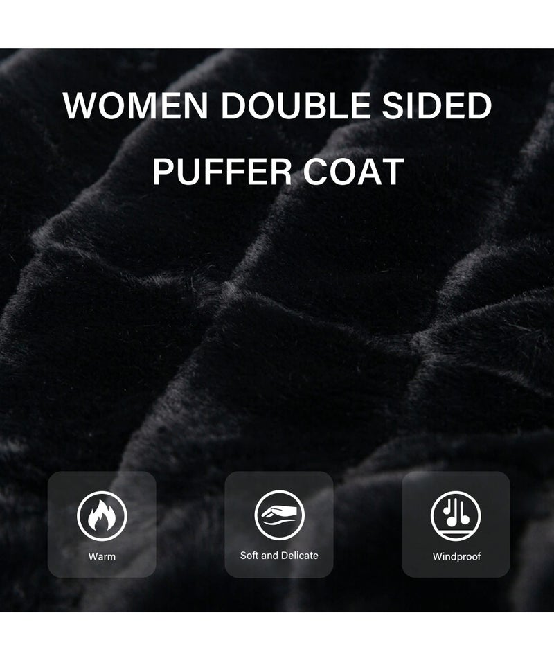 Bellivera Women Double Sided Faux Fur Jacket with Fur Collar, The Puffer Coat Worn on Both Sides 19225 Black XXL - Image 5