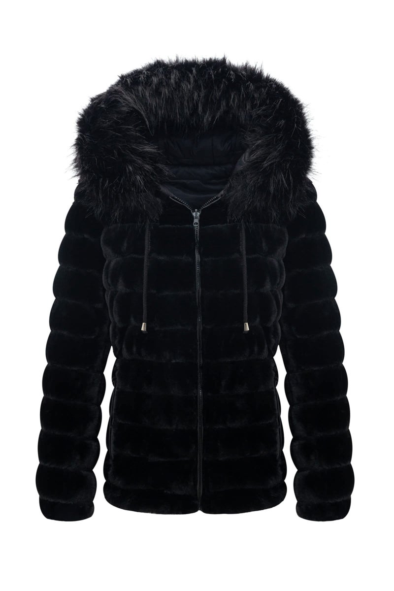 Bellivera Women Double Sided Faux Fur Jacket with Fur Collar, The Puffer Coat Worn on Both Sides 19225 Black XXL - Image 1