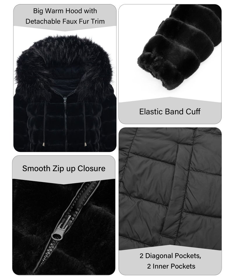 Bellivera Women Double Sided Faux Fur Jacket with Fur Collar, The Puffer Coat Worn on Both Sides 19225 Black XXL - Image 4