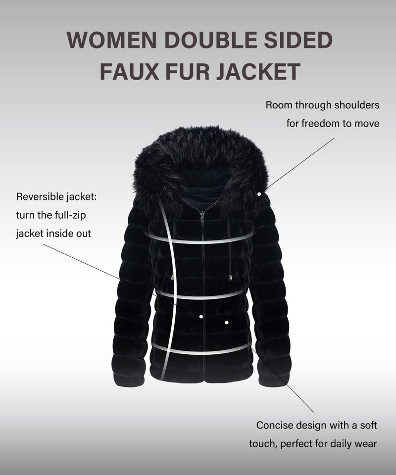 Bellivera Women Double Sided Faux Fur Jacket with Fur Collar, The Puffer Coat Worn on Both Sides 19225 Black XXL - Image 3