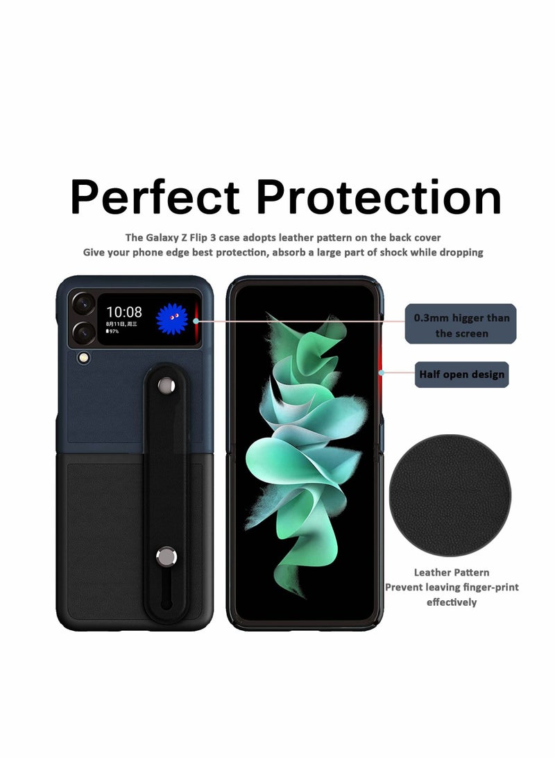 KASTWAVE Mobile Phone Protective Case, for Z Flip 3 5G 2021 with Hand Strap Cover PU Leather Compatible with Fit for Samsung Galaxy Z Flip 3 5G Case Wristband Plastic PC (Black+Deep Blue) - Image 4