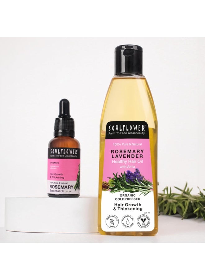 Soulflower Rosemary Essential Oil 15ml & Rosemary Lavender Hair Oil 225ml | Combo for Hair Growth, Hair Fall Control, Stronger Roots, Scalp Nourishment & Dandruff Control – Pack of 2 - Image 1