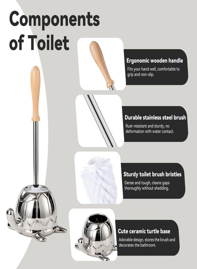 BASDHE Toilet Brush and Holder Set, Ceramic Turtle Base Toilet Brush Set - 7.5” Bowl Cleaner, Toilet Scrubber Brush with Ergonomic Handle (Silver) - Image 3