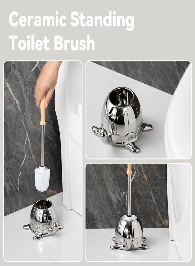 BASDHE Toilet Brush and Holder Set, Ceramic Turtle Base Toilet Brush Set - 7.5” Bowl Cleaner, Toilet Scrubber Brush with Ergonomic Handle (Silver) - Image 5