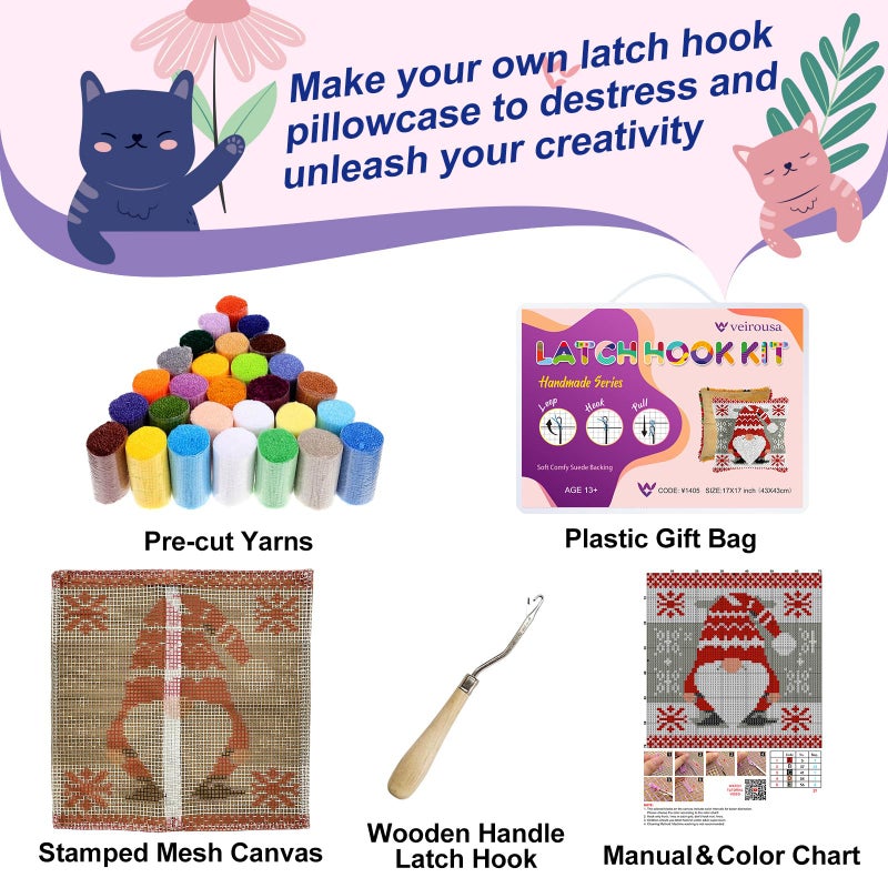 veirousa Couple Cats Valentine Latch Hook Kits for Adults Kids Beginners Cute Animals Latch Hook Pillow Kit Pre-Printed Latch Hook Rug Kits Cross-stitch Embroidery Cushion for Home Sofa Decoration 17x17 in. - Image 2
