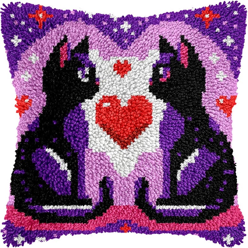 veirousa Couple Cats Valentine Latch Hook Kits for Adults Kids Beginners Cute Animals Latch Hook Pillow Kit Pre-Printed Latch Hook Rug Kits Cross-stitch Embroidery Cushion for Home Sofa Decoration 17x17 in. - Image 1