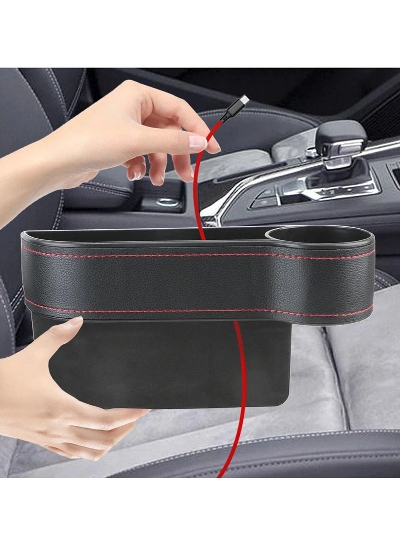Chabeia 1Pair Leather Car Seat Gap Filler Organizer, Automotive Front Seat Storage with Cup Holder, Auto Console Side Extra Storage Box, Seat Side Storage for Both Driver and Passanger Side - Image 2
