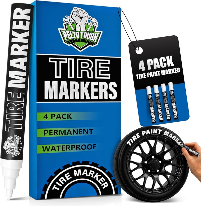 Pelto White tire Paint Marker for Car Tire Lettering - 4 Pack - Permanent Tire Paint Pens with Weatherproof Ink Designed to Last on Car Tires and Many Other Materials - Image 1