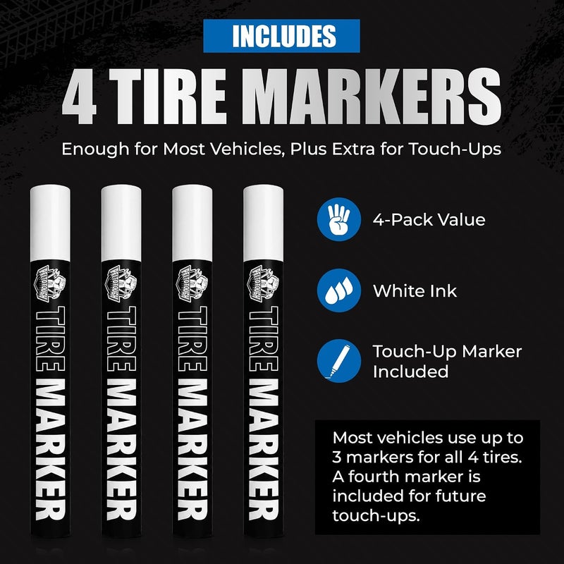 Pelto White tire Paint Marker for Car Tire Lettering - 4 Pack - Permanent Tire Paint Pens with Weatherproof Ink Designed to Last on Car Tires and Many Other Materials - Image 4