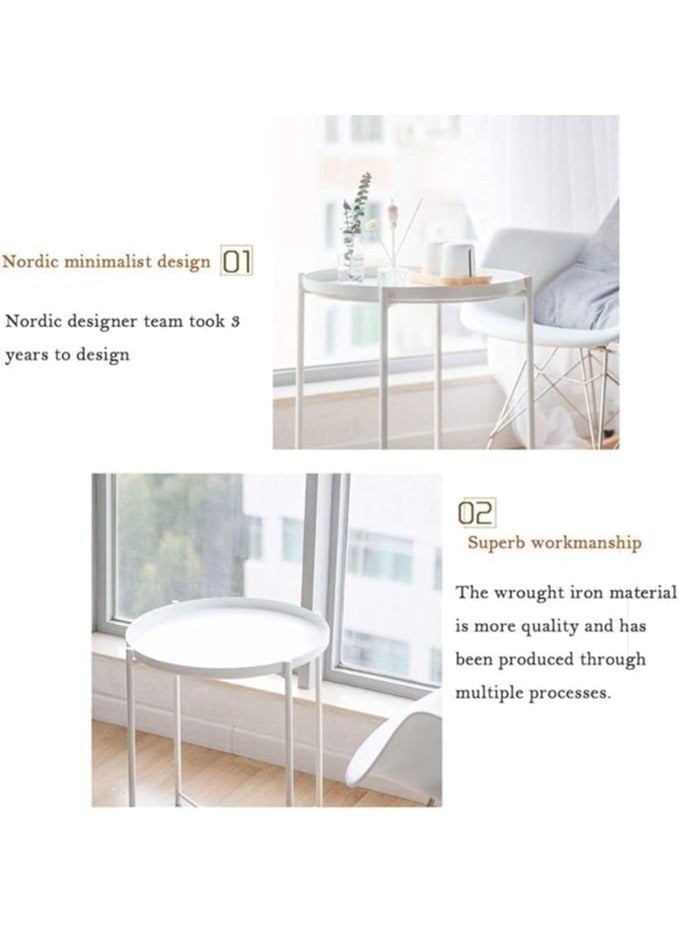 بونكا طاولة جانبية معدنية قابلة للطي من بونكا، طاولة جانبية صغيرة مستديرة، طاولة أريكة، طاولة قهوة مضادة للصدأ (أبيض) - Image 4