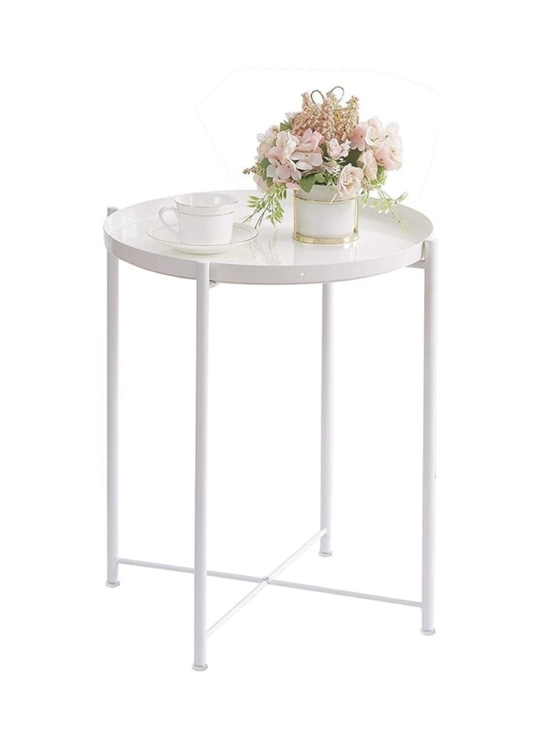 بونكا طاولة جانبية معدنية قابلة للطي من بونكا، طاولة جانبية صغيرة مستديرة، طاولة أريكة، طاولة قهوة مضادة للصدأ (أبيض) - Image 1