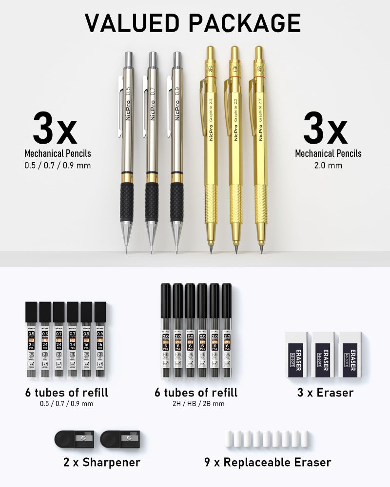 Nicpro Gold Art Mechanical Pencil Set, Metal Drafting Pencil 0.5, 0.7, 0.9mm & 2mm Lead Holder(2B HB 2H) For Sketching Drawing With Lead Refills Case - Image 4