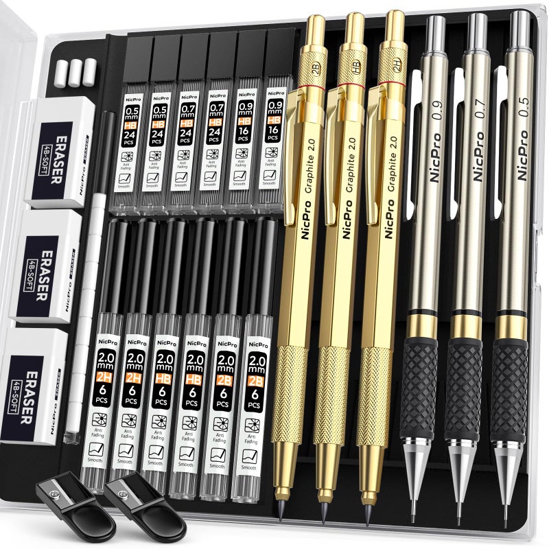 Nicpro Gold Art Mechanical Pencil Set, Metal Drafting Pencil 0.5, 0.7, 0.9mm & 2mm Lead Holder(2B HB 2H) For Sketching Drawing With Lead Refills Case - Image 1