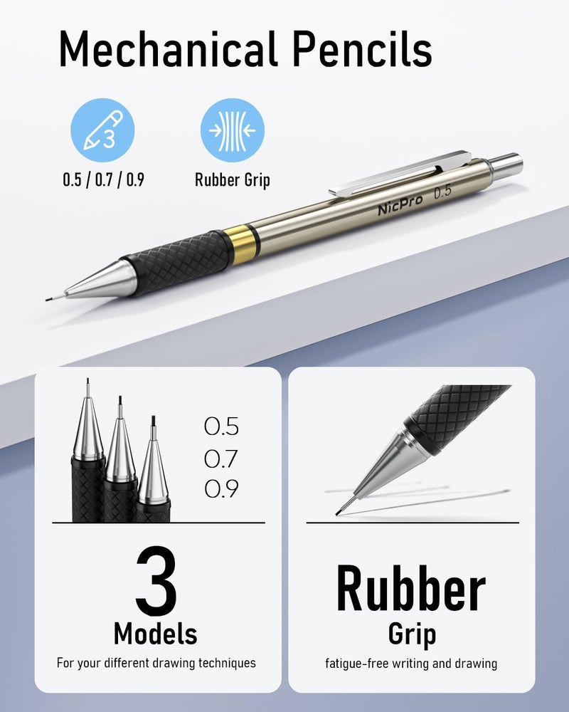 Nicpro Gold Art Mechanical Pencil Set, Metal Drafting Pencil 0.5, 0.7, 0.9mm & 2mm Lead Holder(2B HB 2H) For Sketching Drawing With Lead Refills Case - Image 3