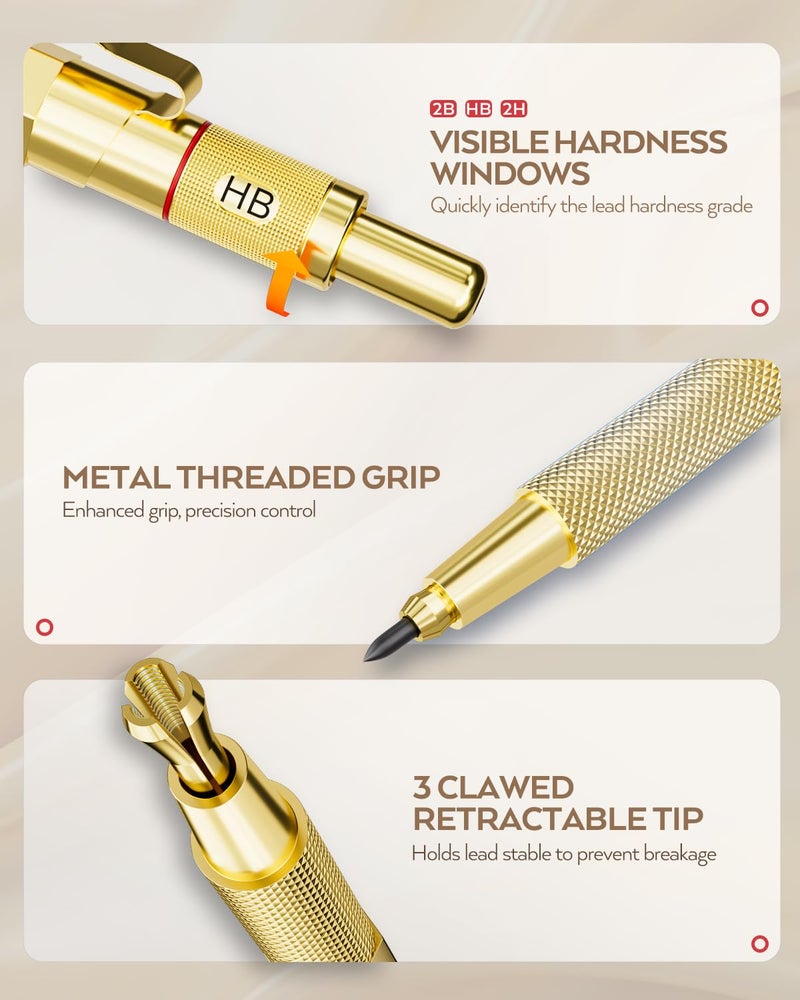 Nicpro Gold Art Mechanical Pencil Set, Metal Drafting Pencil 0.5, 0.7, 0.9mm & 2mm Lead Holder(2B HB 2H) For Sketching Drawing With Lead Refills Case - Image 2