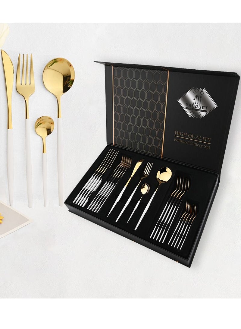 OQUERA 24 Pcs Stainless Steel Two Tone Luxury Sleek White Gold Plated Kitchen High Quality Cutlery Tableware Set Fork Spoon Knife in Velvet Gift Kraft Box - Image 1