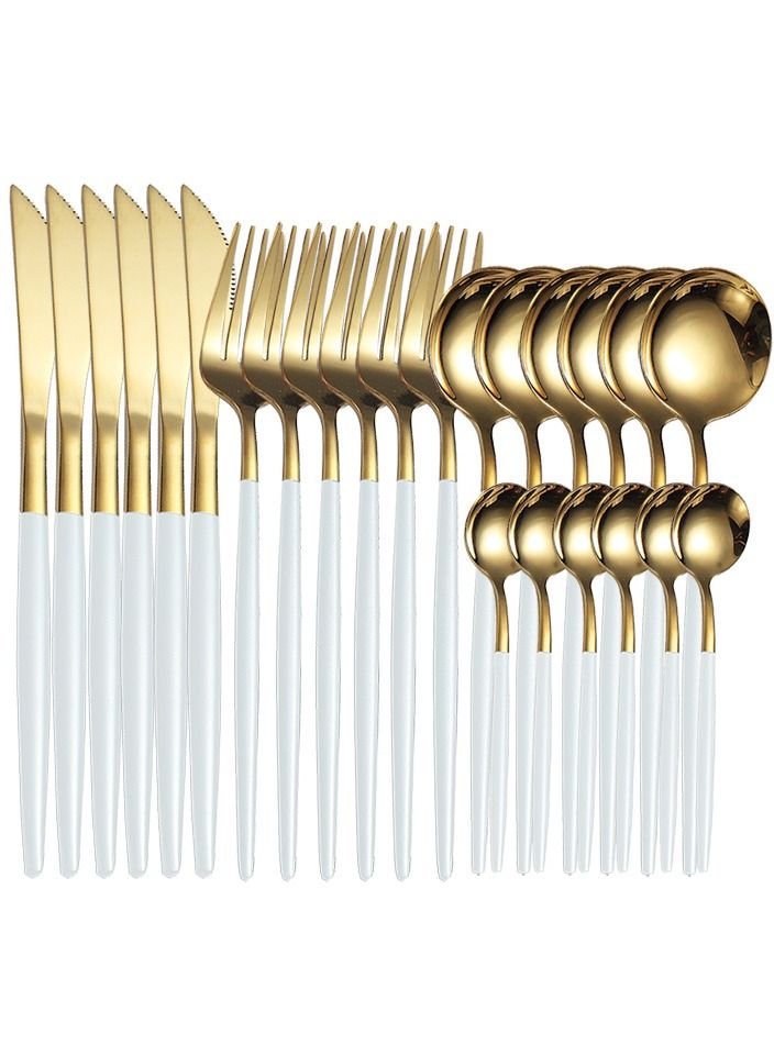 OQUERA 24 Pcs Stainless Steel Two Tone Luxury Sleek White Gold Plated Kitchen High Quality Cutlery Tableware Set Fork Spoon Knife in Velvet Gift Kraft Box - Image 2