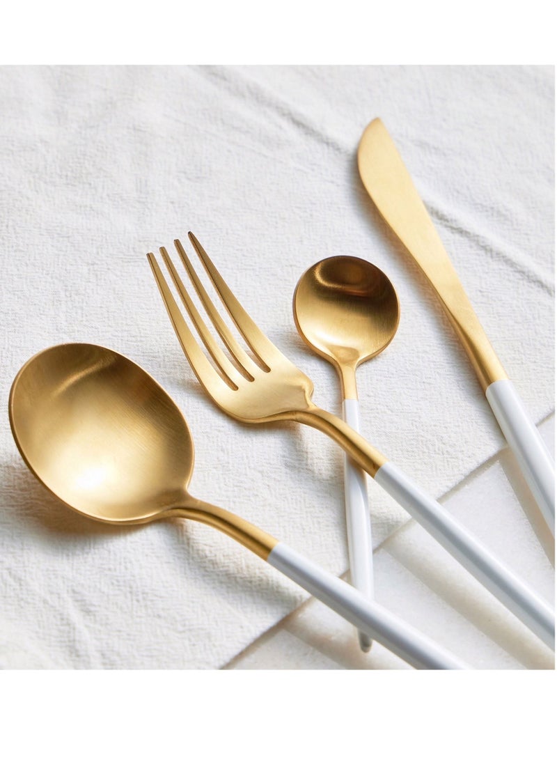 OQUERA 24 Pcs Stainless Steel Two Tone Luxury Sleek White Gold Plated Kitchen High Quality Cutlery Tableware Set Fork Spoon Knife in Velvet Gift Kraft Box - Image 4