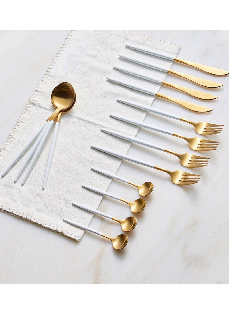 OQUERA 24 Pcs Stainless Steel Two Tone Luxury Sleek White Gold Plated Kitchen High Quality Cutlery Tableware Set Fork Spoon Knife in Velvet Gift Kraft Box - Image 3