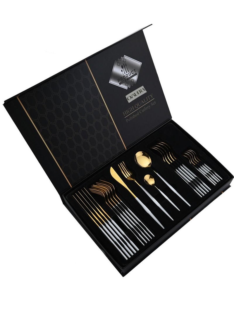 OQUERA 24 Pcs Stainless Steel Two Tone Luxury Sleek White Gold Plated Kitchen High Quality Cutlery Tableware Set Fork Spoon Knife in Velvet Gift Kraft Box - Image 5