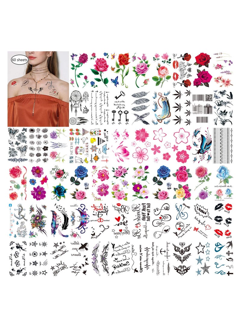 Generic 60 Sheets Waterproof Floral Body Art Temporary Tattoo Stickers for Women - Stylish Flower Designs for Creative Self-Expression and Unique Body Decoration.  - Image 1