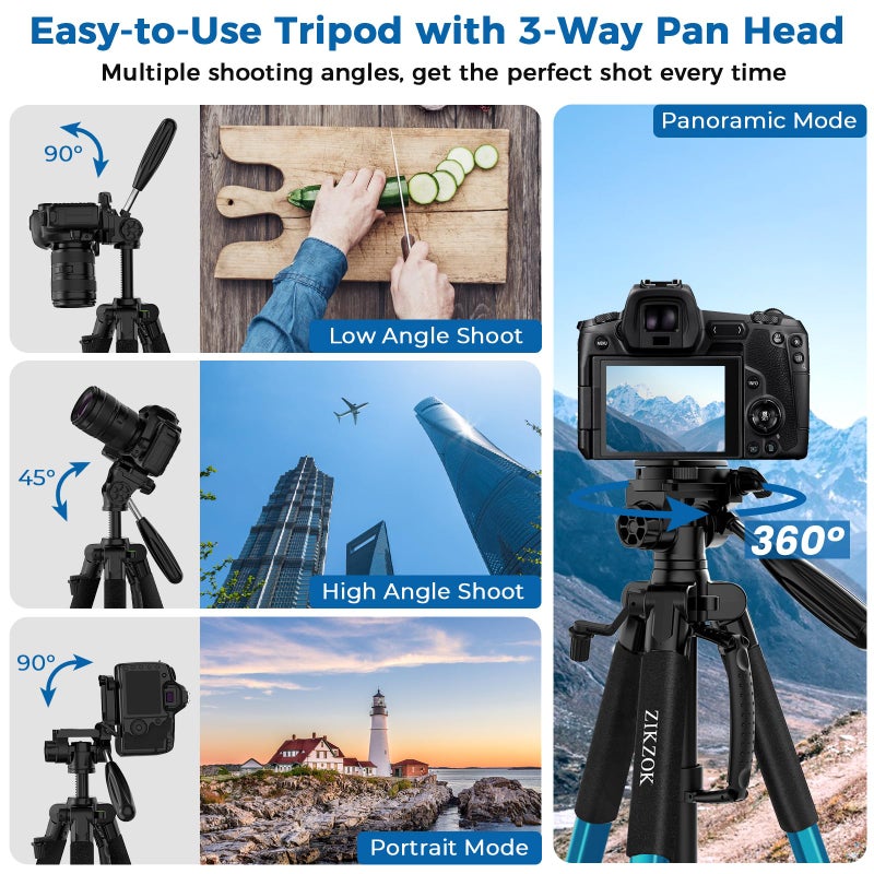 ZIKZOK 75" Heavy Duty Camera Tripod Stand with Bluetooth Remote - Max Load 15LB, Aluminum Travel Tripod for DSLR/Phone/Tablet/Projector, 3-Way Pan Head & Quick Release Plate, Compact Foldable Design (Blue) - Image 4