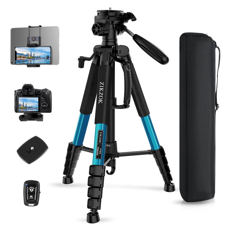 ZIKZOK 75" Heavy Duty Camera Tripod Stand with Bluetooth Remote - Max Load 15LB, Aluminum Travel Tripod for DSLR/Phone/Tablet/Projector, 3-Way Pan Head & Quick Release Plate, Compact Foldable Design (Blue) - Image 1