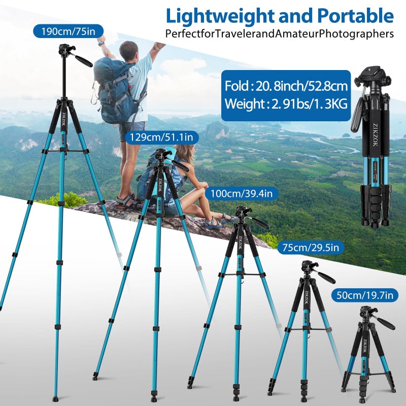 ZIKZOK 75" Heavy Duty Camera Tripod Stand with Bluetooth Remote - Max Load 15LB, Aluminum Travel Tripod for DSLR/Phone/Tablet/Projector, 3-Way Pan Head & Quick Release Plate, Compact Foldable Design (Blue) - Image 3