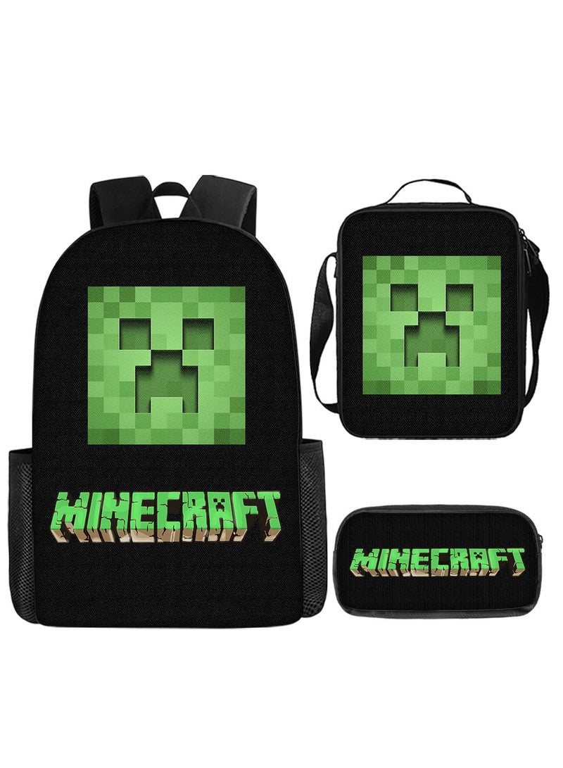 MINECRAFT Digital Printing Large Capacity Backpack Three piece Set Lunch Bag Pen Bag Polyester Comfortable Load Reducing Backpack for Students and Children Unisex - Image 1
