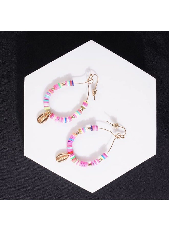 Jumwrit Bohemian Heishi Earrings Rainbow Hoop Dangle Earrings Vinyl Disc Bead Earrings Colorful Polymer Clay Earrings for Women Star Moon Shell Pendant Earrings Summer Beach Accessories(Gold)  - Image 3