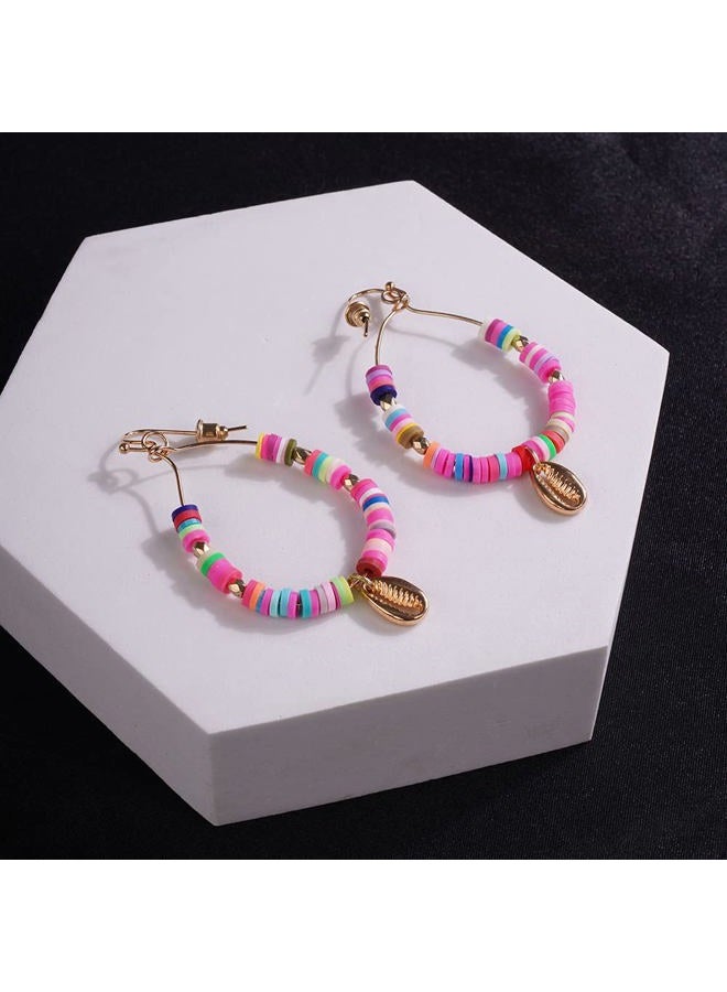 Jumwrit Bohemian Heishi Earrings Rainbow Hoop Dangle Earrings Vinyl Disc Bead Earrings Colorful Polymer Clay Earrings for Women Star Moon Shell Pendant Earrings Summer Beach Accessories(Gold)  - Image 5