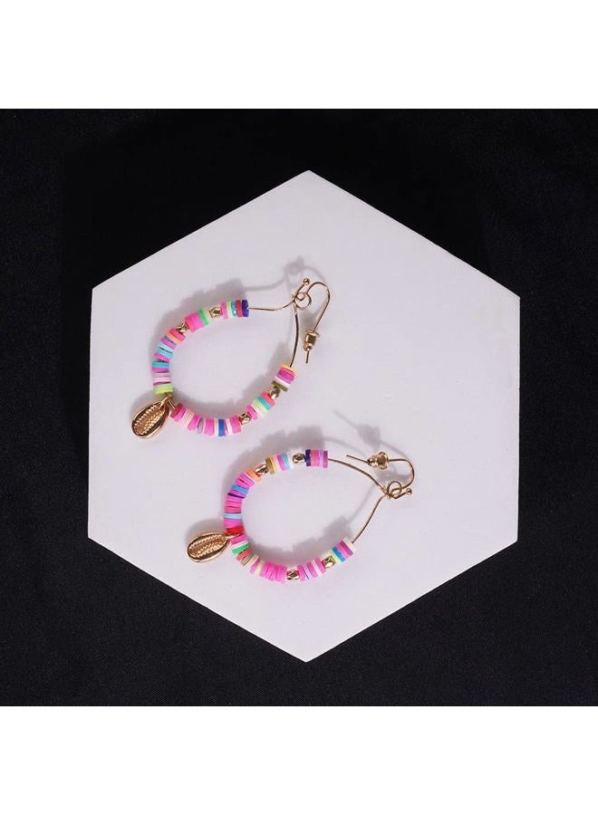 Jumwrit Bohemian Heishi Earrings Rainbow Hoop Dangle Earrings Vinyl Disc Bead Earrings Colorful Polymer Clay Earrings for Women Star Moon Shell Pendant Earrings Summer Beach Accessories(Gold)  - Image 4