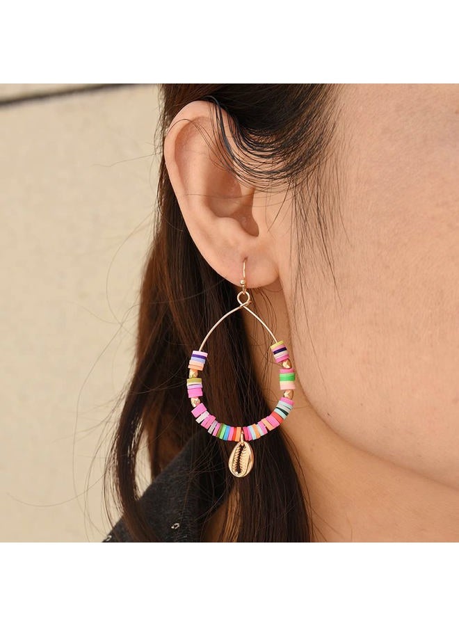 Jumwrit Bohemian Heishi Earrings Rainbow Hoop Dangle Earrings Vinyl Disc Bead Earrings Colorful Polymer Clay Earrings for Women Star Moon Shell Pendant Earrings Summer Beach Accessories(Gold)  - Image 2
