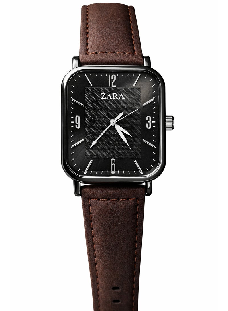 ZARA Men’s Square Analog Watch with Brown Leather Strap – Black Dial, Classic Modern Design
