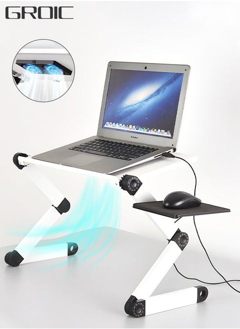 Adjustable Laptop Desk, Laptop Stand for Bed Portable Lap Desk Foldable Table Workstation Notebook Riser with Mouse Pad and 2 CPU Fans, Ergonomic Computer Tray Reading Holder Bed Tray Standing Desk