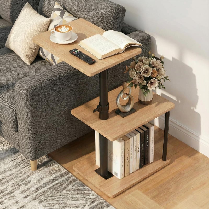 Faesun 360Â° Swivel Side Table for Height Adjustable, C Shaped End Table for Couch with Storage, 3-Tier Night Stand with Open Shelf, Tv Tray for Small Spaces, Living Room, Bedroom, Oak - Image 1