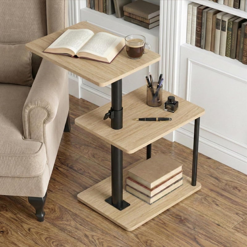 Faesun 360Â° Swivel Side Table for Height Adjustable, C Shaped End Table for Couch with Storage, 3-Tier Night Stand with Open Shelf, Tv Tray for Small Spaces, Living Room, Bedroom, Oak - Image 2